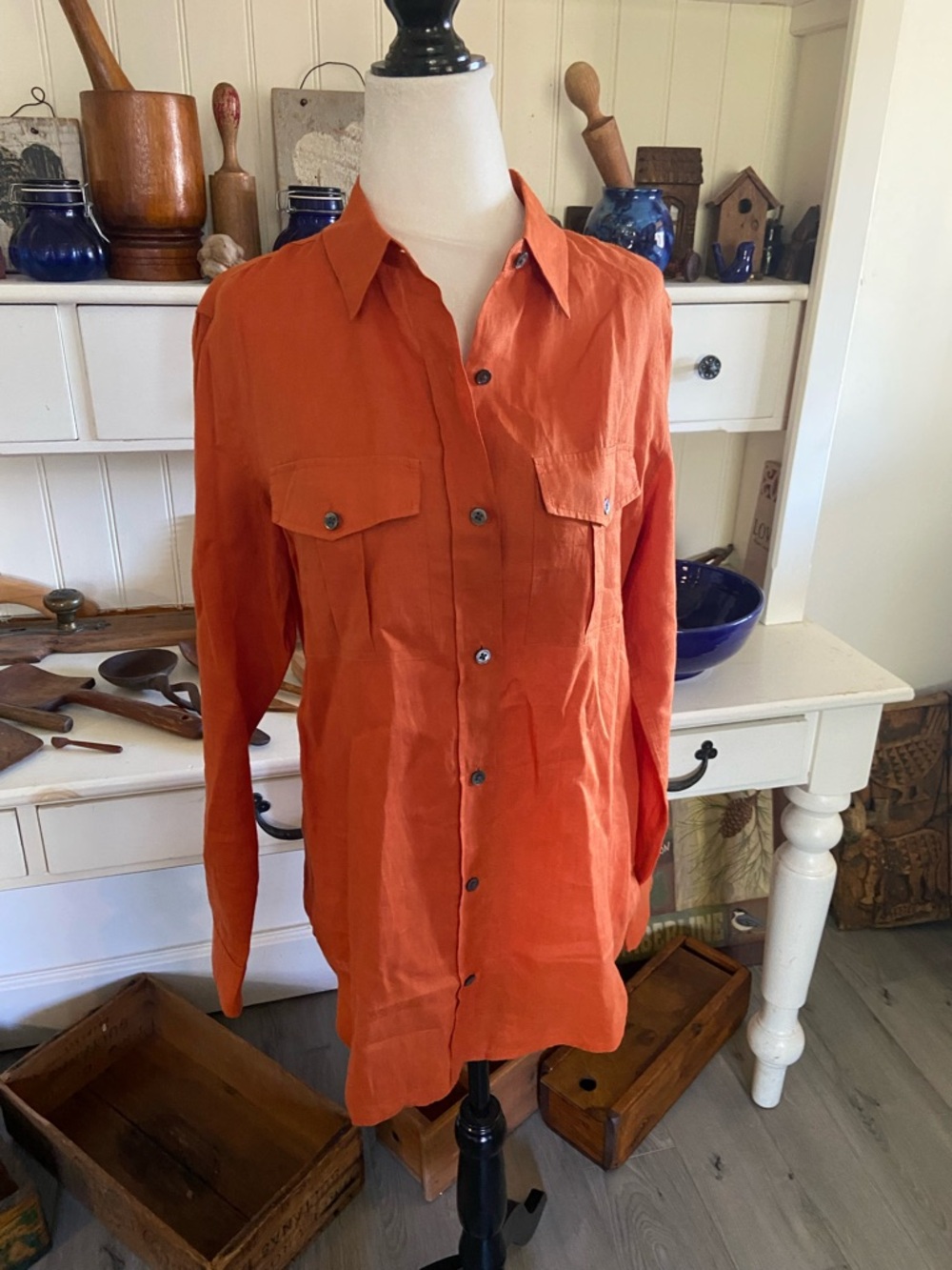 Theory Rust Orange Linen Blend Top